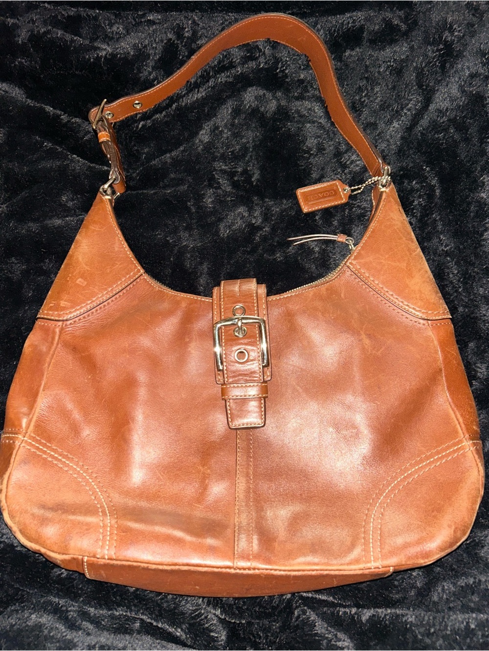 Coach Tan Leather Shoulder Bag with Buckle Strap